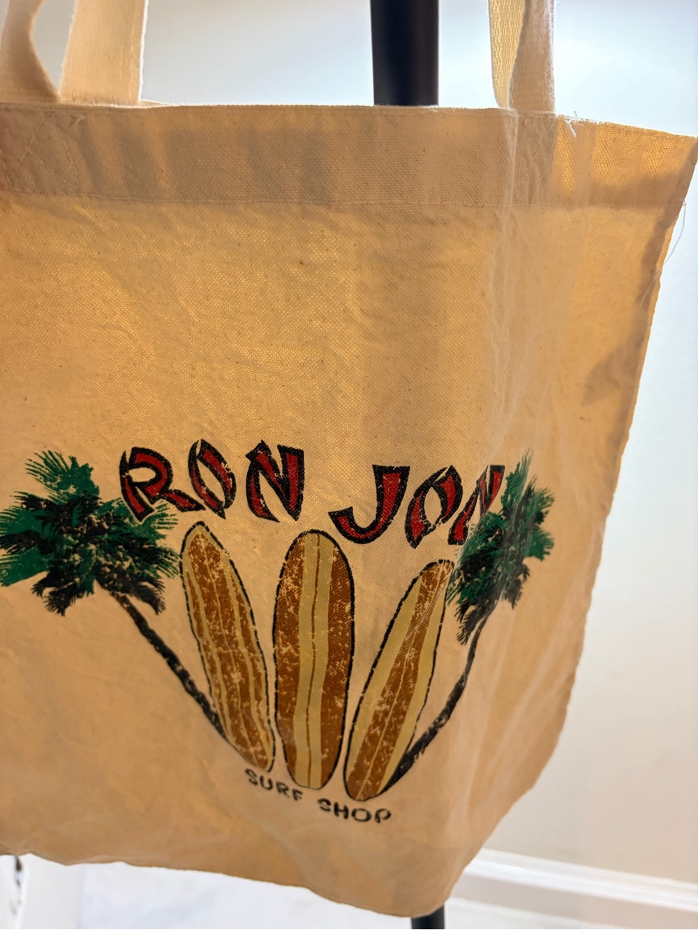 Ron Jon Surf Shop Natural Canvas Tote with Green Palm and Brown Surfboard Print